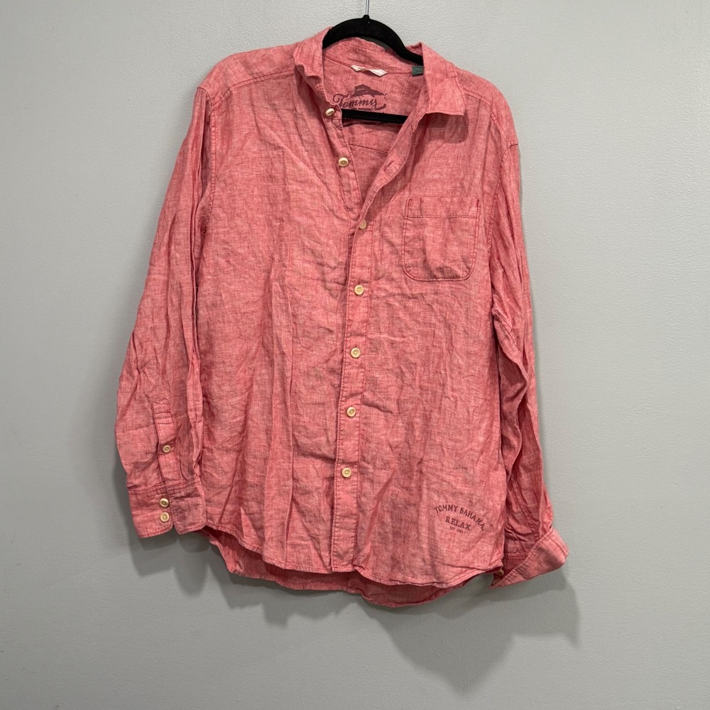 Tommy Bahama Relax Mens Long Sleeve Linen Blend Button Down Shirt red Pink